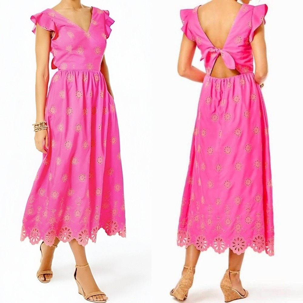 Lilly Pulitzer Lillyanne Flutter Sleeve Eyelet Midi Dress Aura Pink Days Bloom